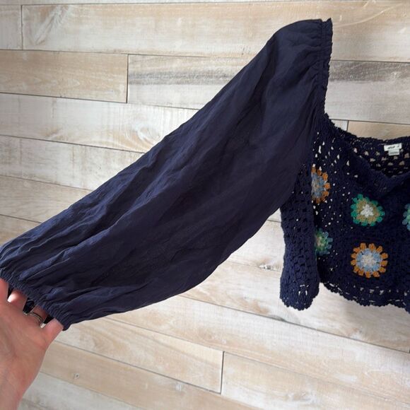 Aerie Crochet Vacay Granny Square Cropped Puff Sleeve Top Size L - Picture 4 of 6